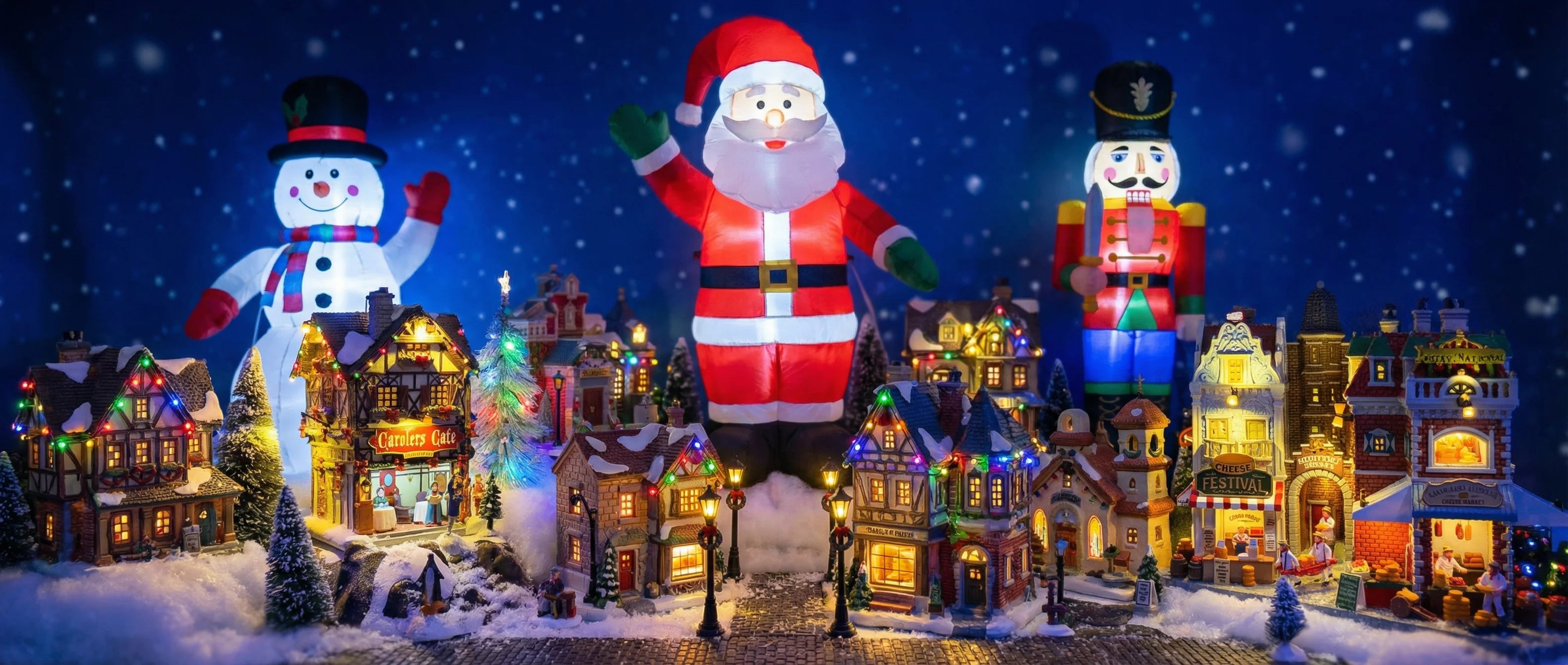 Christmas village with giant glowing inflatables