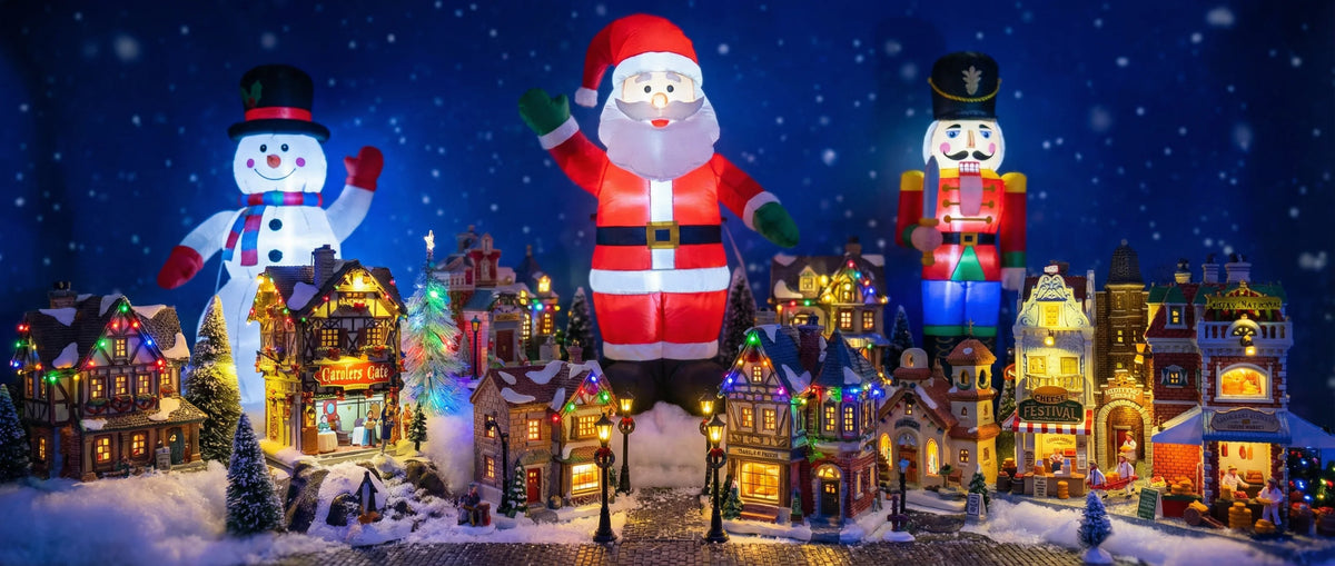 Christmas village with giant glowing inflatables